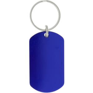 A blue dog tag keychain with a silver metal ring. It has a smooth, glossy finish.