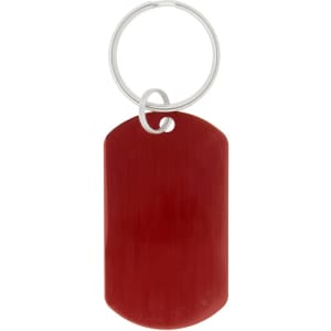 A red dog tag keychain with a metal ring for attachment. The tag has a smooth surface and rounded edges.