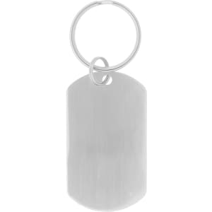 A metal dog tag keychain with a silver finish and a keyring attachment.