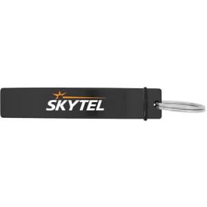 A drink bottle opener in black with a circular keyring attachment and a logo.
