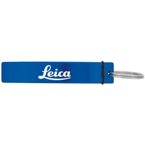 A drink bottle opener in blue with a silver keyring and a branding logo.