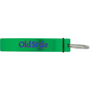 A green drink bottle opener with a metal keyring attachment and a branded logo.