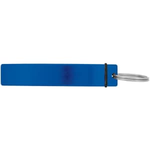 A drink bottle opener in blue, featuring a simple design with a silver keyring attachment.