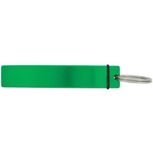 A green drink bottle opener with a metal ring for easy attachment. It has a simple, sleek design.