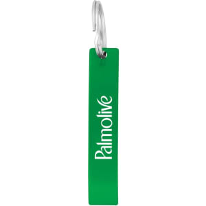 A green bottle opener with a circular metal ring and a branded logo.