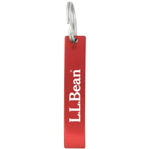 A drink bottle opener in bright red with a metal attachment and a logo.