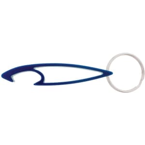 A drink bottle opener in blue, featuring a sleek design with a metal keyring attached.