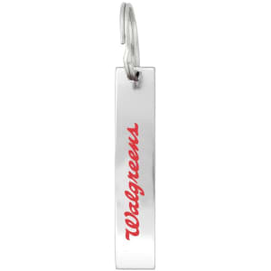 A drink bottle opener in silver with a loop for attachment, featuring a red logo.