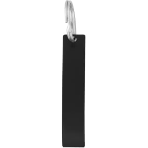 A drink bottle opener in black with a metallic silver keychain attachment, featuring a simple rectangular design.