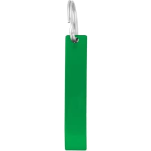 A drink bottle opener in bright green with a silver hook for attachment. Features branding on the surface.