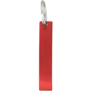 A drink bottle opener in a sleek red finish with a metal loop for easy attachment.