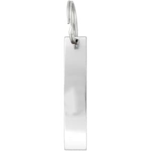 A drink bottle opener featuring a sleek, silver metallic design with a simple rectangular shape and a hanging loop.