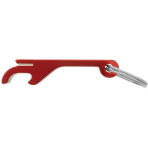 A drink bottle opener in red with a keyring attachment, featuring a unique design for ease of use.