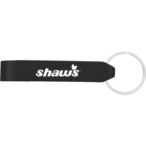 A drink bottle opener in black, featuring a silver keyring attachment and a logo.