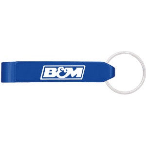 A drink bottle opener in blue with a silver keyring attachment and a logo.