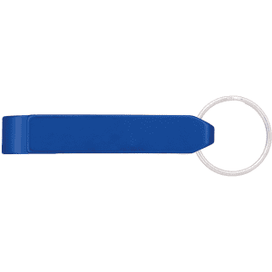 A drink bottle opener in blue with a metal keyring attachment, featuring a smooth, elongated design.