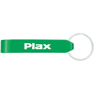 A drink bottle opener in green with a keyring attachment and a logo.