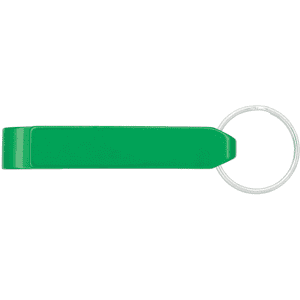 A green bottle opener with a keyring attachment. The opener has a simple, sleek design.