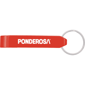 A drink bottle opener in red with a keychain ring and a logo.