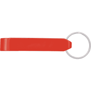 A drink bottle opener in vibrant red, with a keyring attachment for easy carrying. It features a simple design and a logo.