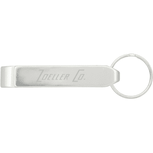 A drink bottle opener in silver with a keyring attachment and engraved branding.