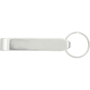 A drink bottle opener in metallic silver with a keyring attachment. Simple and sleek design for easy use.