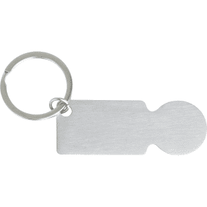 A silver keyring in a rectangular shape with a circular end. It has a metal loop for attachment.