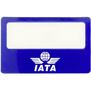 A blue pocket ruler magnifier with a clear sleeve and a logo printed on it.
