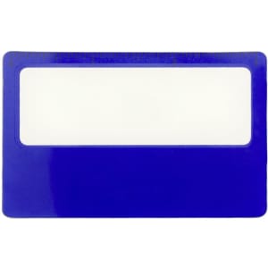 A blue pocket ruler magnifier with a transparent sleeve for viewing and measuring.