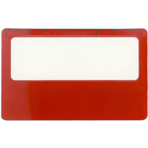 A red pocket ruler magnifier with a clear viewing area and a measurement scale on top.
