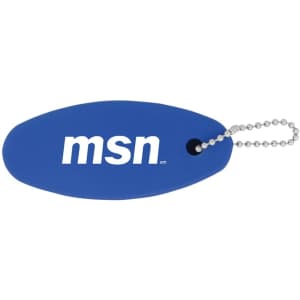 A blue floating keychain with a rounded shape and a metal ball chain attachment. It features a logo.