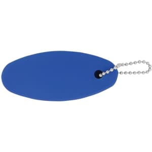 A blue floating keychain with a silver ball chain attachment. It has a smooth, oval shape.