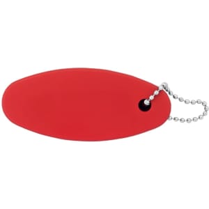A red floating keychain with a smooth surface and a chain attachment. It features a small logo on one side.