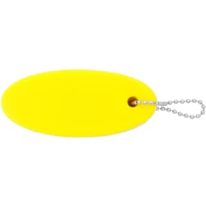 A yellow floating keychain with a silver chain and ball attachment. It features a smooth, oval shape.