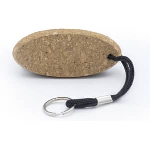 A cork keychain with an oval shape and a black strap for attaching. It features a metal keyring.