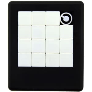 A black puzzle game featuring a grid of white tiles with one missing tile in the corner.