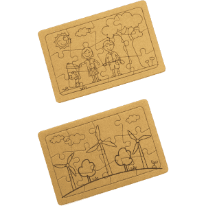 A jigsaw puzzle set featuring two eco-friendly, brown cardboard puzzles with outlines of children and nature scenes.