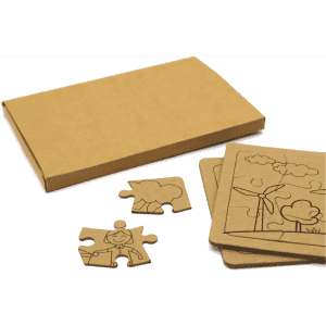 A brown cardboard box with two jigsaw puzzle pieces displayed alongside completed puzzle layouts.