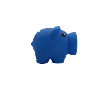 A blue piggy bank in a rounded shape with a small snout and black eyes, featuring a logo on its side.