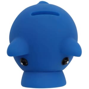 A blue piggy bank in the shape of a piglet with black eyes and a coin slot on top. It features a simple, rounded design.