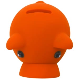 An orange piggy bank in the shape of a piglet, featuring eyes and small ears. It has a slot for coins and a logo.