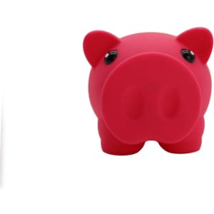 A bright pink piggy bank with black eyes and a round snout. It features a simple, cute design and has a logo.