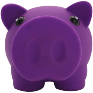 A purple piggy bank with a rounded snout and small ears, featuring two black eyes and a simple design.
