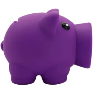 A purple money box shaped like a pig, featuring a round body and small details like ears and eyes.