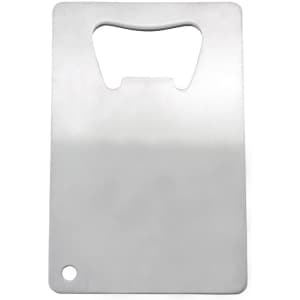 A stainless steel bottle opener shaped like a credit card, featuring a circular hole and a cut-out for easy gripping.