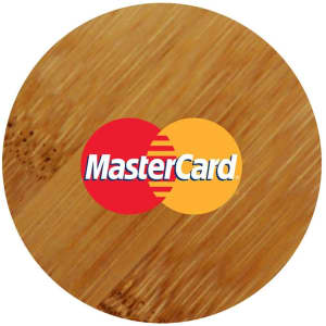 A round bamboo bottle opener featuring a logo in red and yellow on its surface. The opener has a natural bamboo finish.