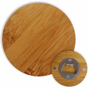 A round bamboo bottle opener featuring a smooth bamboo surface and a metal bottle-opening mechanism.