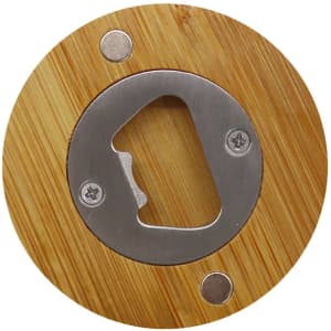 A round bamboo bottle opener with a stainless steel opening mechanism and two mounting screws.