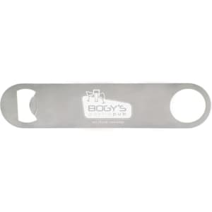 A drink bottle opener in silver stainless steel with a round hole and a logo.