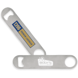 A drink bottle opener made of stainless steel featuring a logo and two bottle-opening ends in a sleek design.
